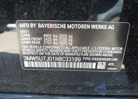 2022 BMW M340I из США, поврежденный, VIN 3MW5U7J01N8C33199